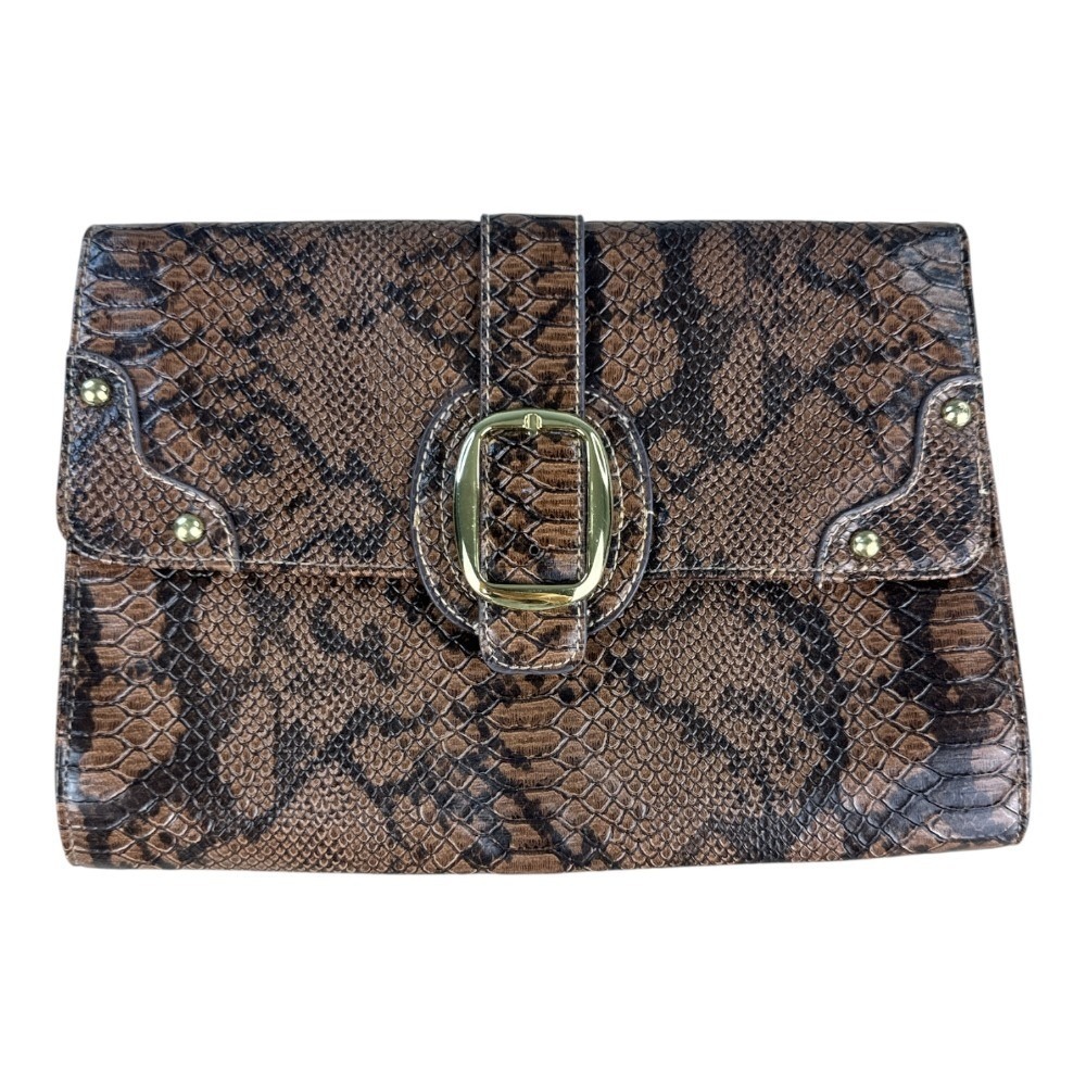 Brown Snake Print Vegan Leather Envelope Clutch Bag Gold Buckle Accent Mob Wife